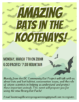 Poster for Amazing Bats in the Kootenays event featuring pictures of bats flying in the sky.
