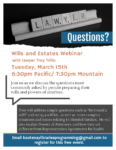 Grey and Black Poster for Wills and Estates Webinar featuring scramble letters.